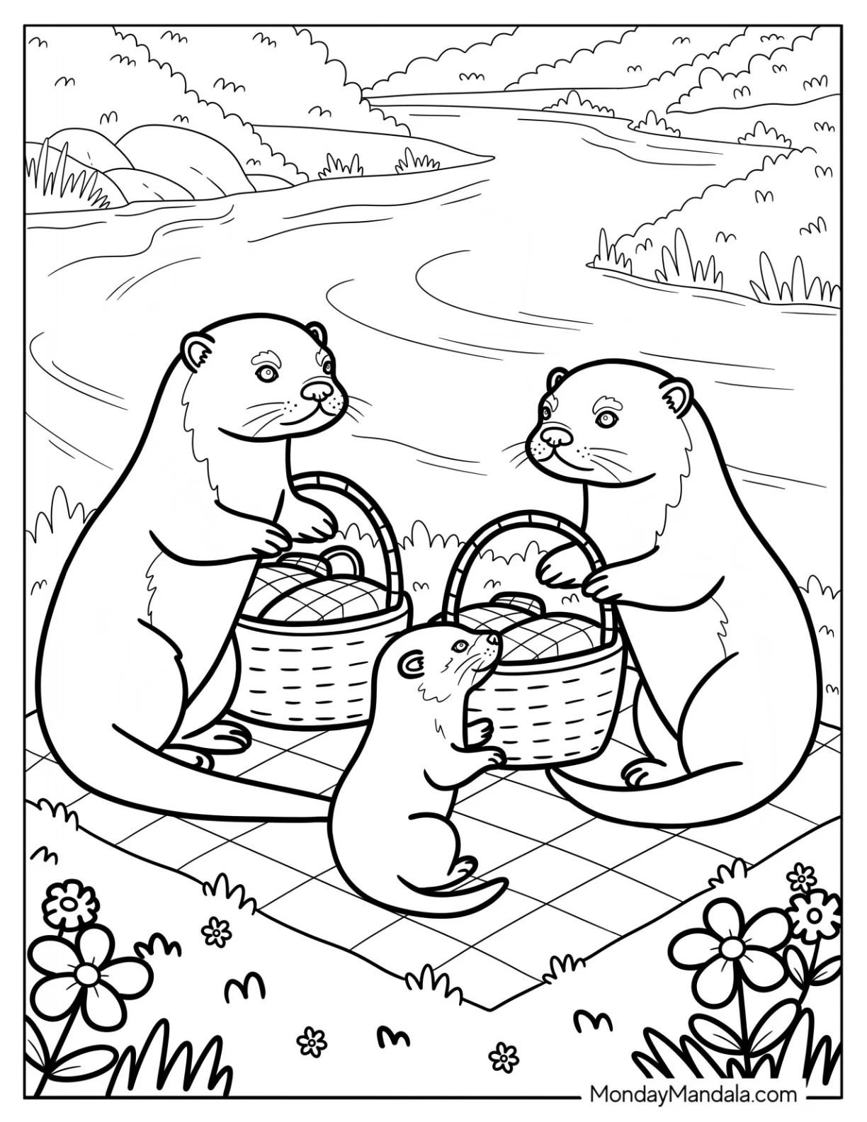 Otter Coloring Page Family Having a Picnic by the River coloring page — printable line art