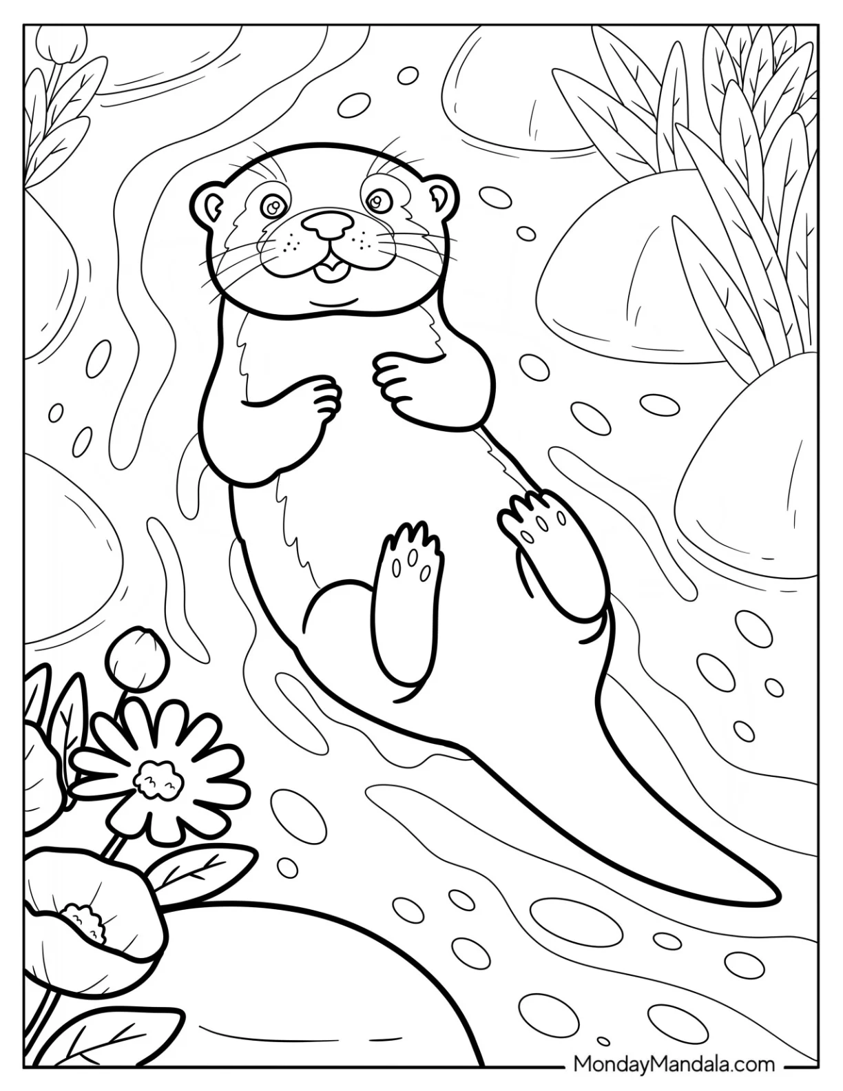 Otter Coloring Page Floating in the River Next to Rocks and Plants coloring page — printable line art