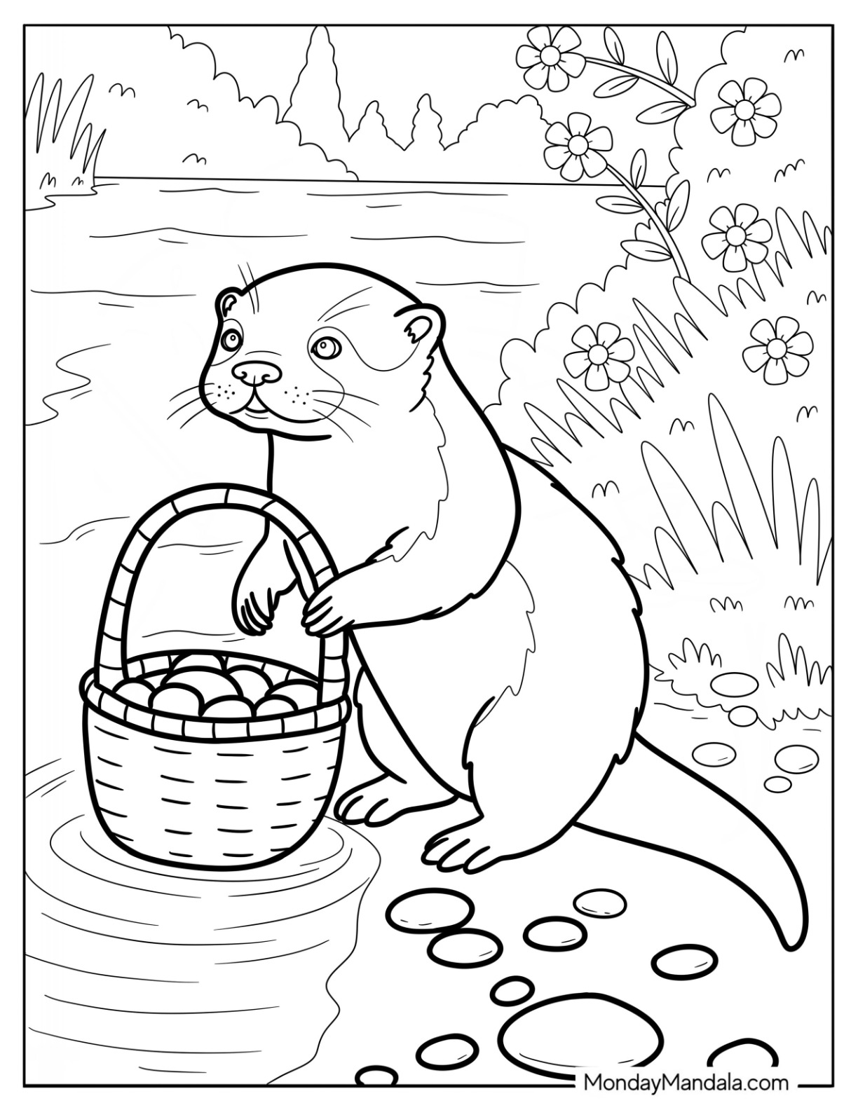 Otter Coloring Page Holding a Basket with Eggs by the River coloring page