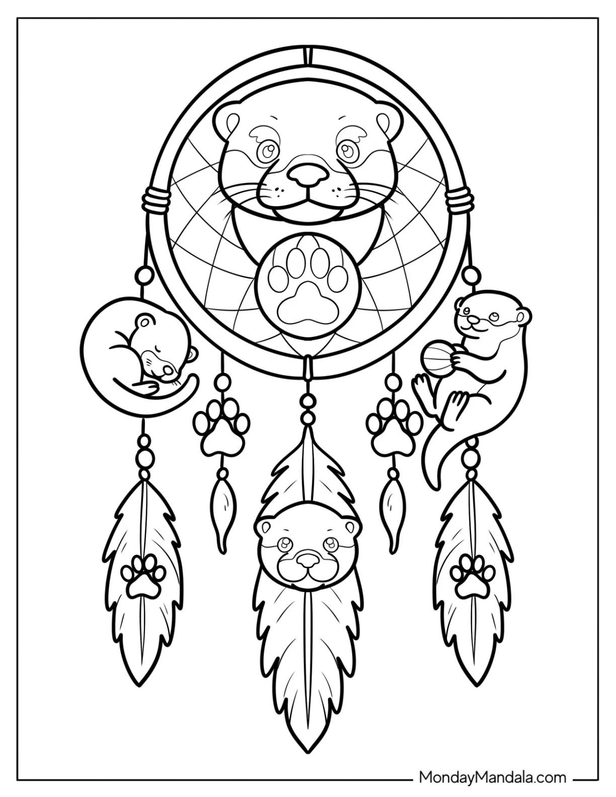 Pretty Otter Coloring Page Dreamcatcher with Feathers coloring page