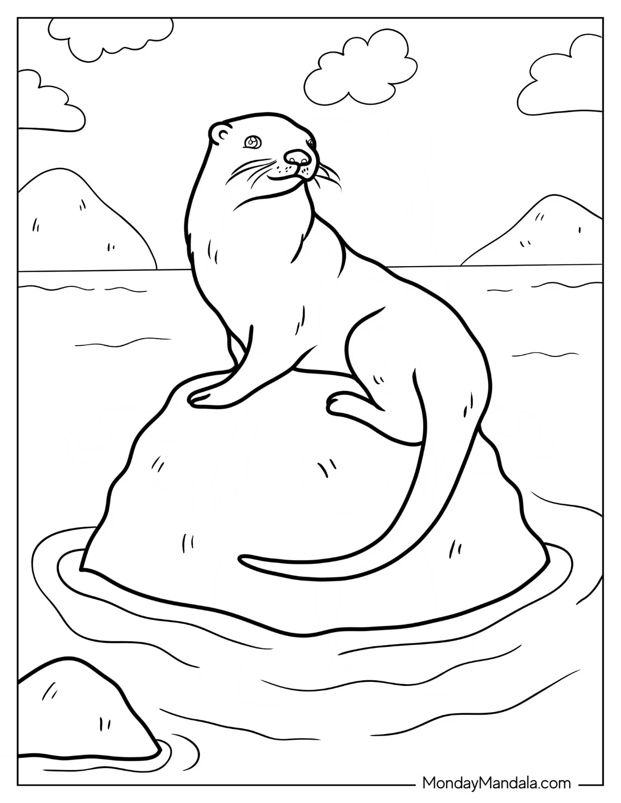 Realistic Otter Coloring Page Sitting On Rock coloring page — printable line art