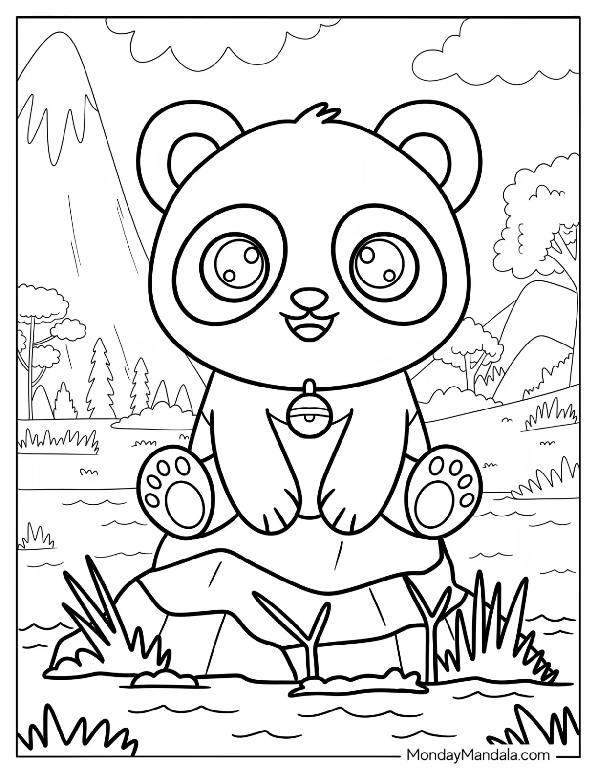 Adorable Panda Coloring Page With Bell Collar Sitting on a Rock For Kids coloring page — printable line art