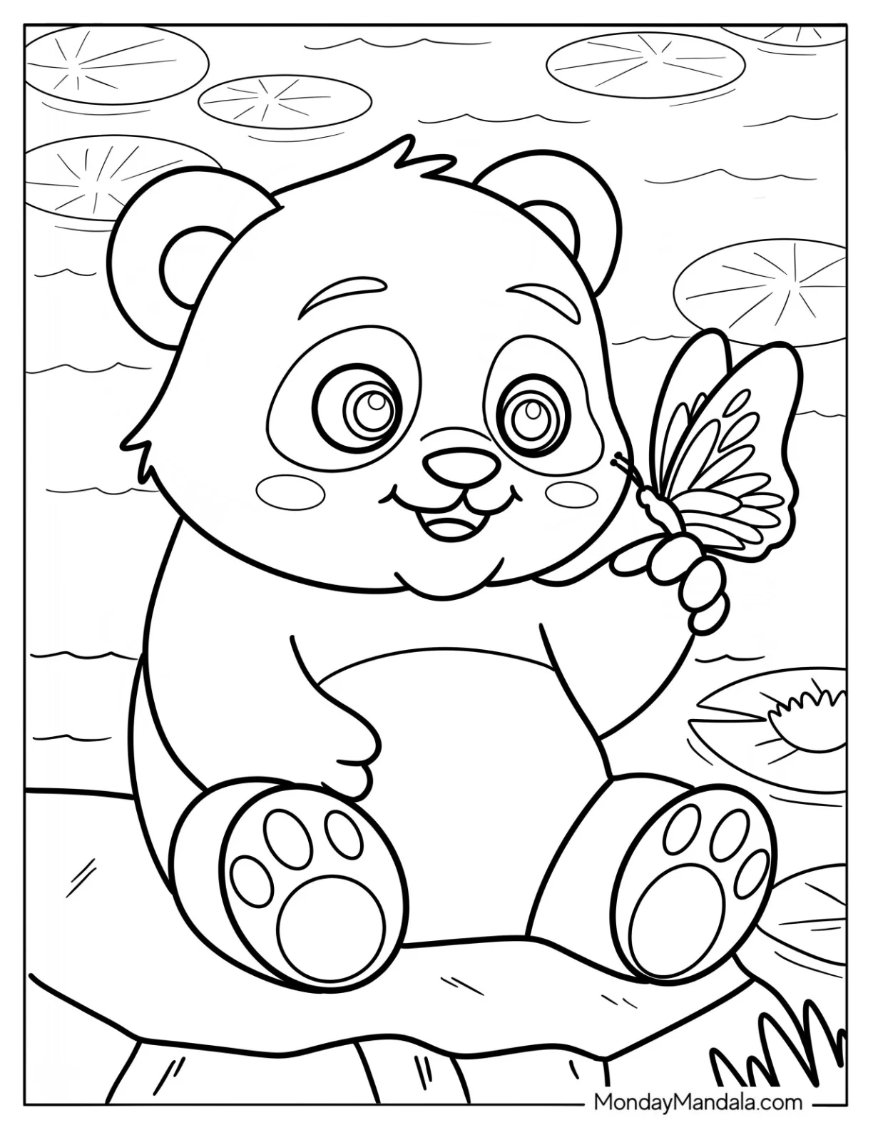 Baby Panda Coloring Page Smiling at a Butterfly coloring page — printable line art