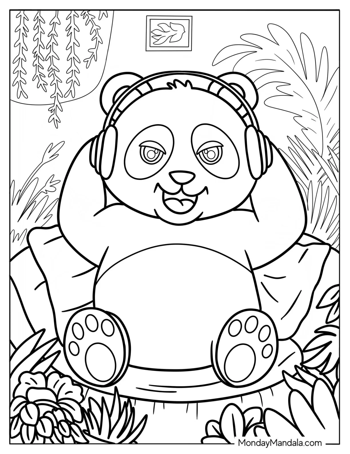 Cool Panda Coloring Page Listening to Music with Headphones in the Garden coloring page
