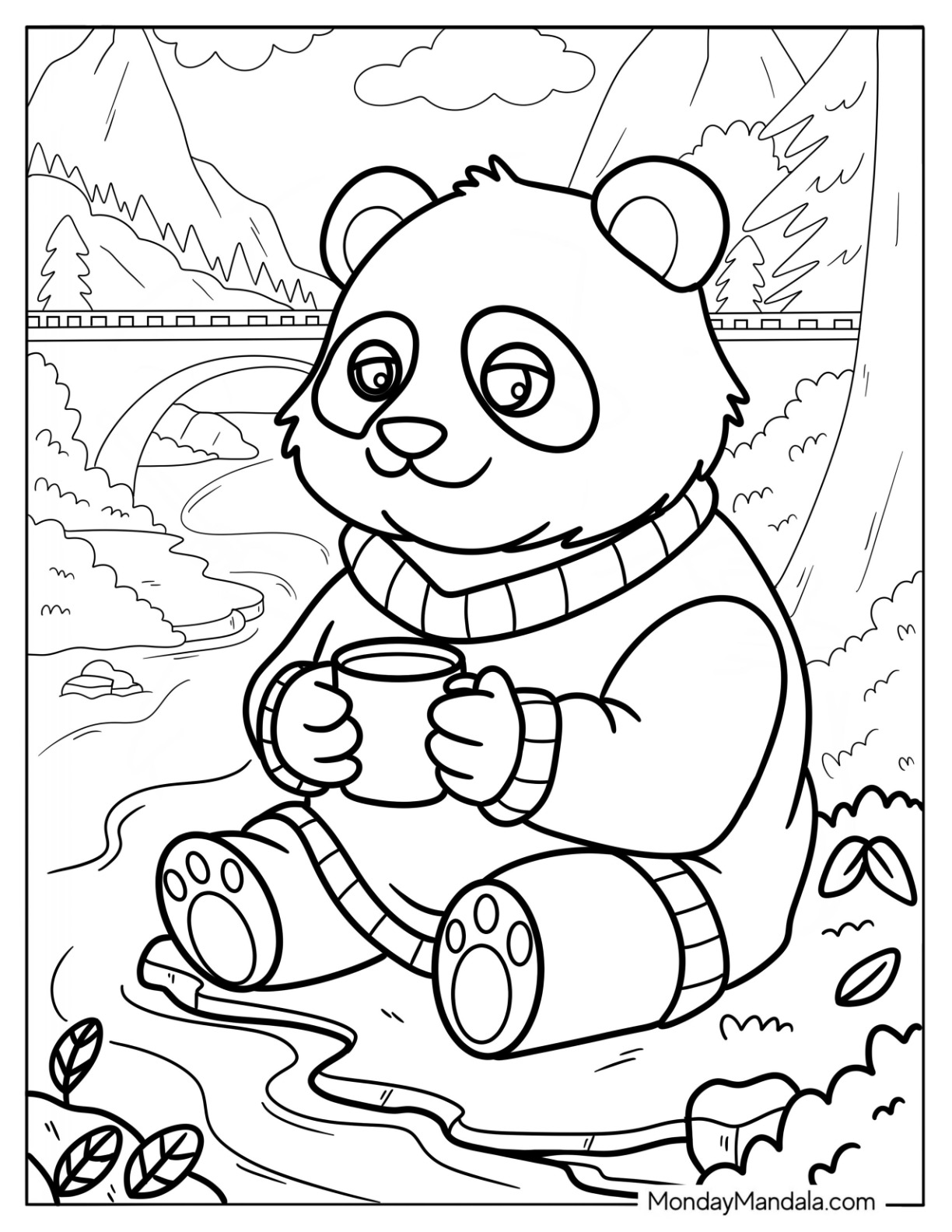 Cozy Panda Coloring Page in Sweater Drinking Hot Cocoa by the River coloring page — printable line art