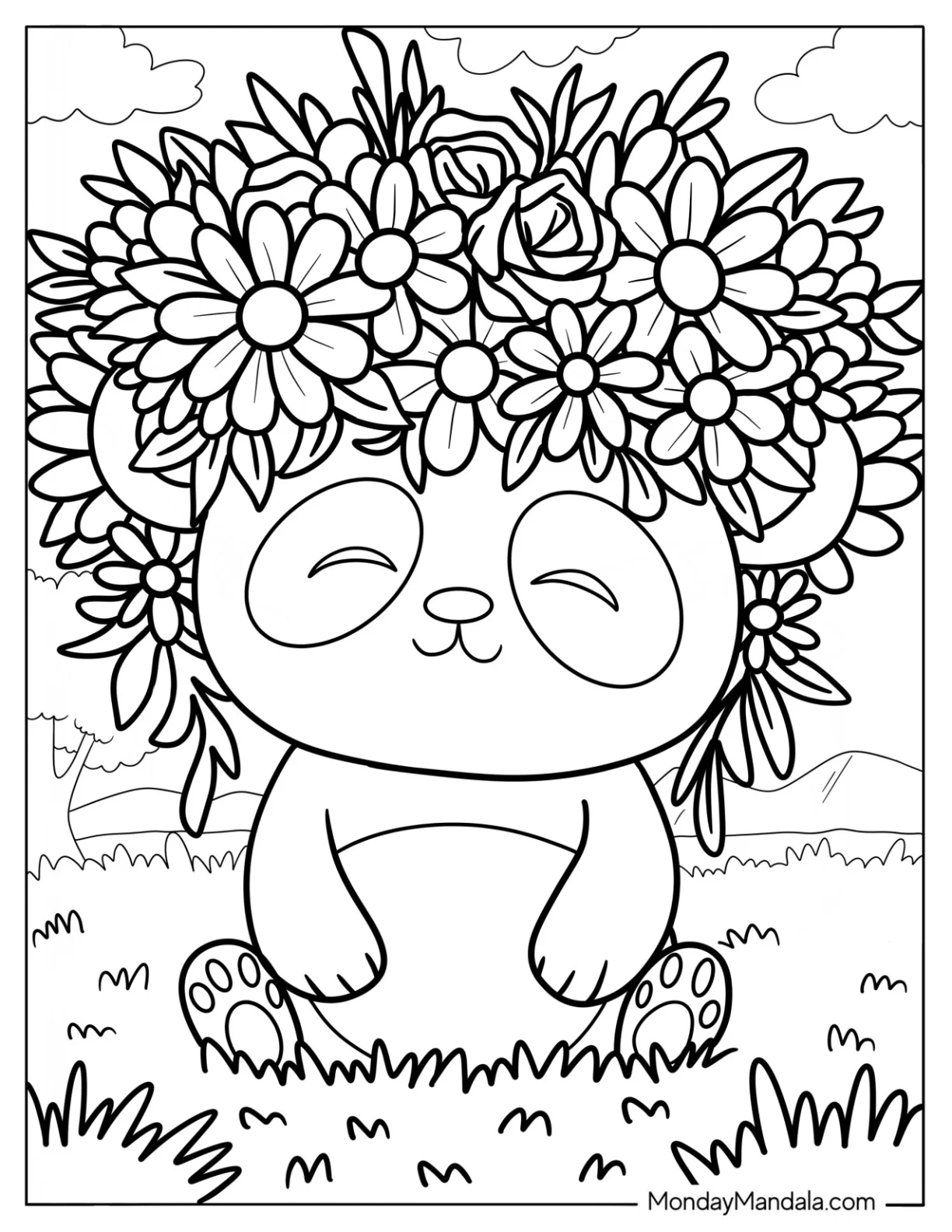 Cute Panda Coloring Page Sitting with Giant Floral Crown in a Meadow coloring page