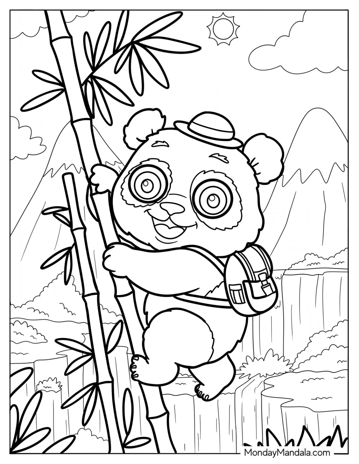 Explorer Panda Coloring Page Climbing Bamboo in the Mountains coloring page — printable line art