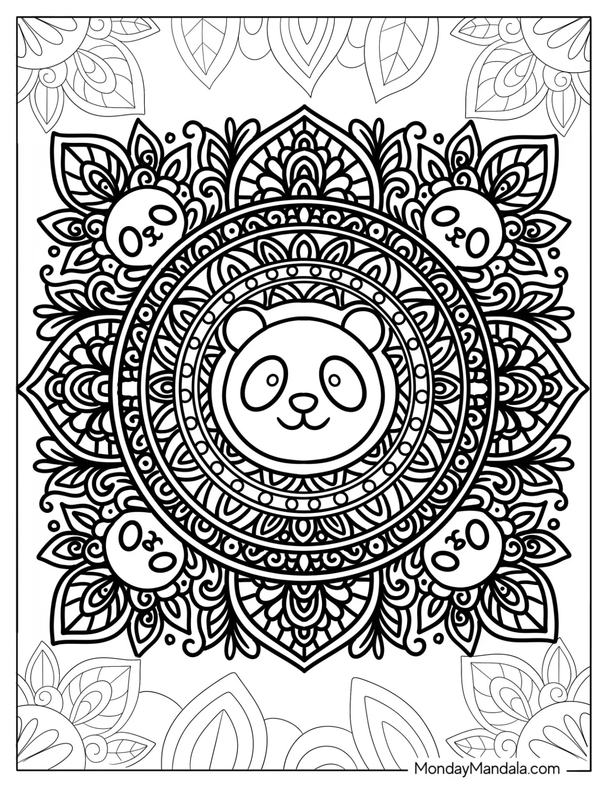 Floral Mandala with Panda Coloring Page Faces and Leaf Border Design For Adults coloring page — printable line art