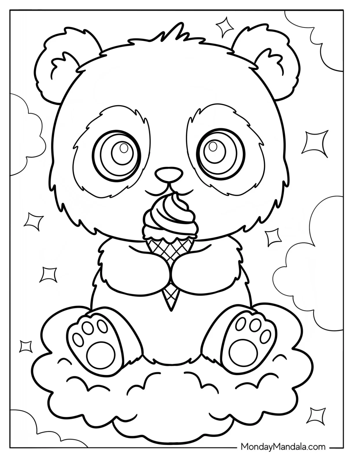 Furry Panda Coloring Page Eating Ice Cream In The Night Sky For Kids coloring page — printable line art
