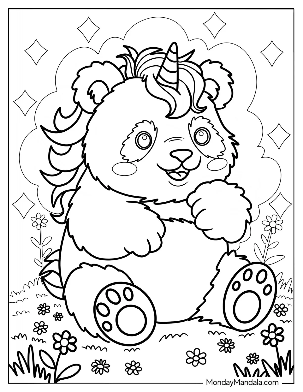 Magical Panda Coloring Page Unicorn with Fluffy Mane coloring page — printable line art