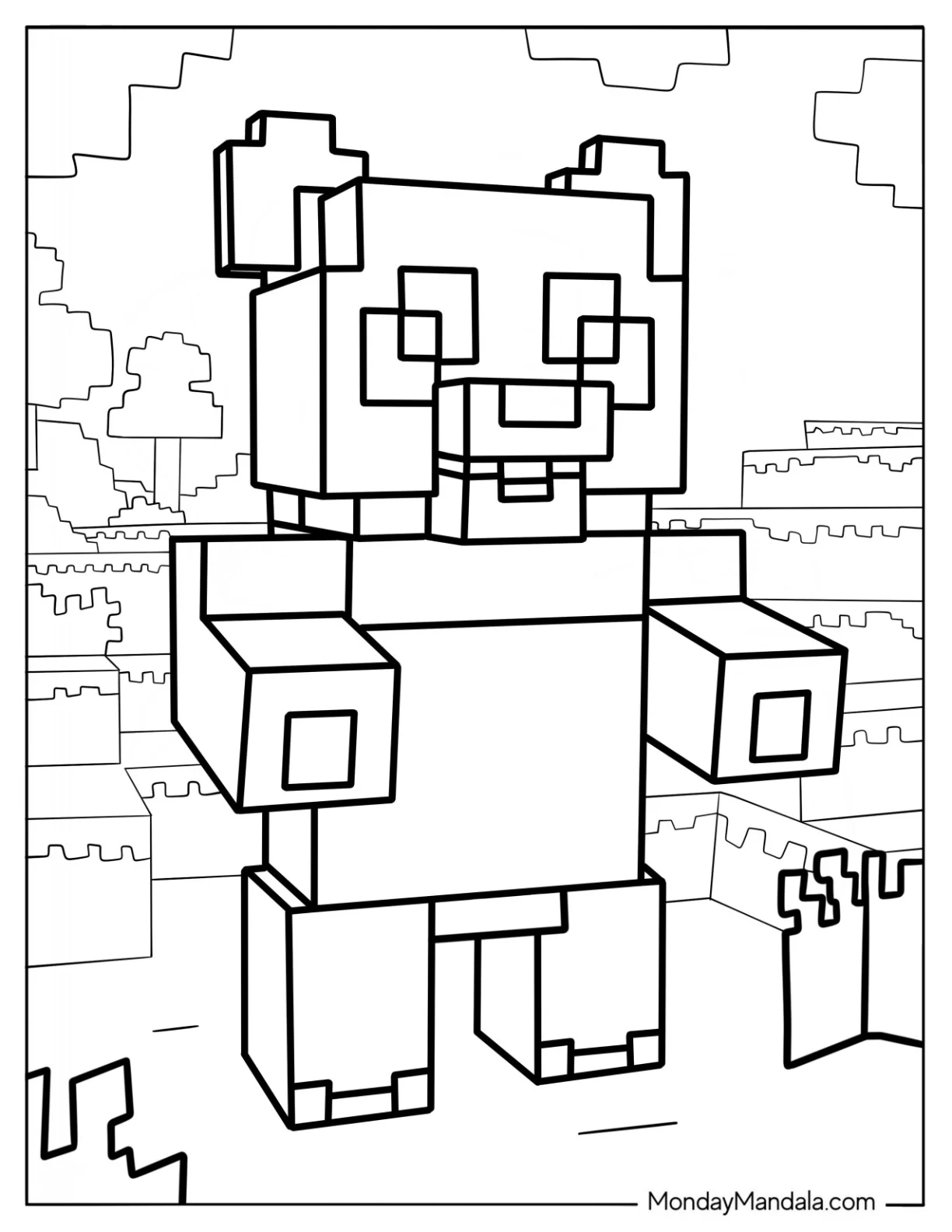 Minecraft Panda Coloring Page Standing in Pixel Landscape For Kids coloring page — printable line art