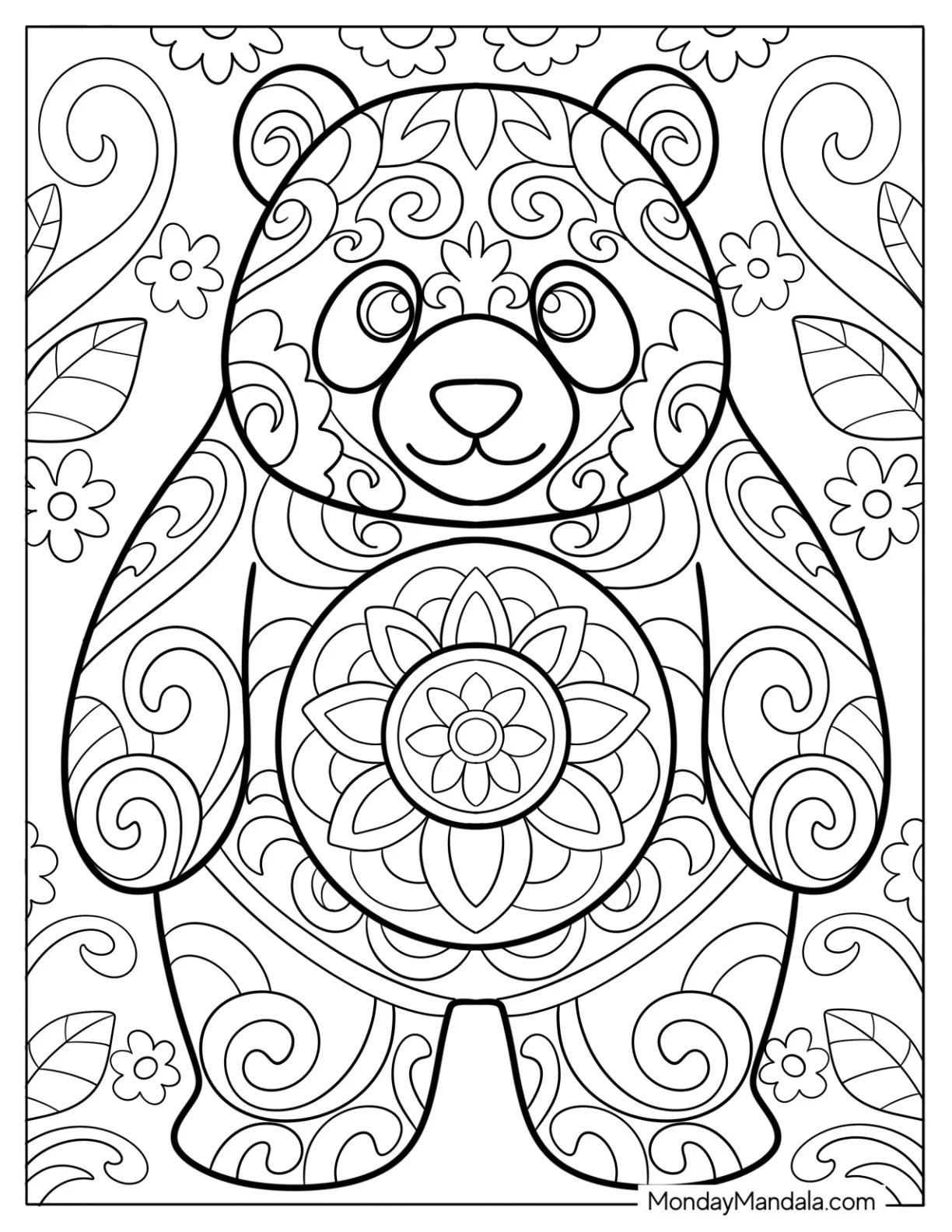 Ornamental Panda Coloring Page with Floral Swirls and Mandala Belly Design coloring page