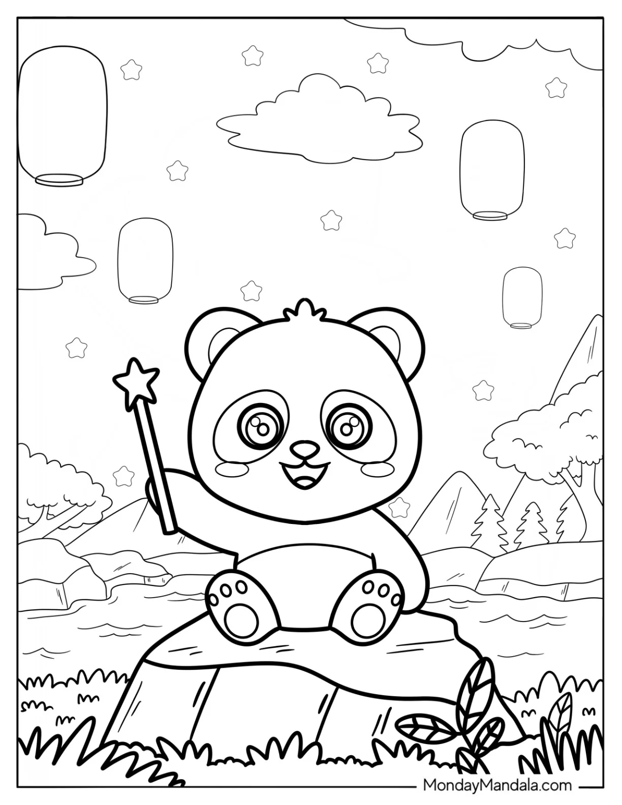Panda Coloring Page with Sparkling Wand and Floating Lanterns For Kids coloring page — printable line art