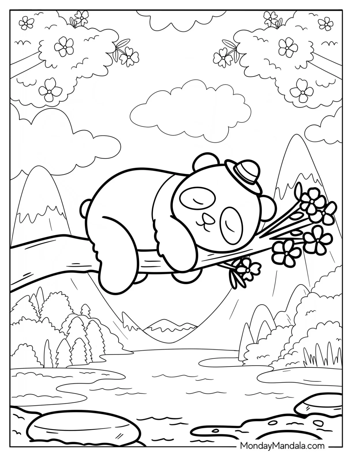Peaceful Panda Coloring Page Sleeping on a Tree Branch Overlooking a Lake coloring page — printable line art