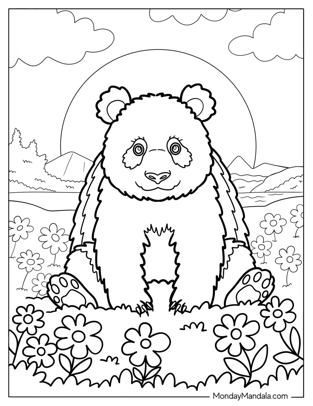 Realistic Panda Coloring Page Sitting in Flower Field with Sunrise in Background coloring page