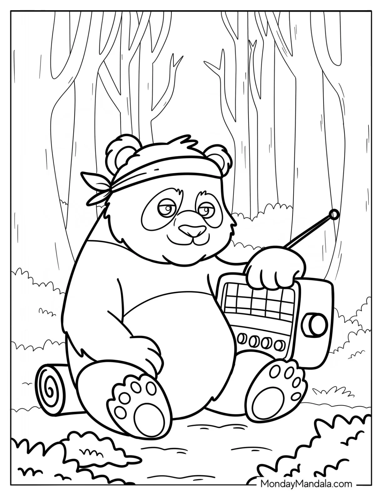 Retro Forest Panda Coloring Page Listening to Boombox coloring page