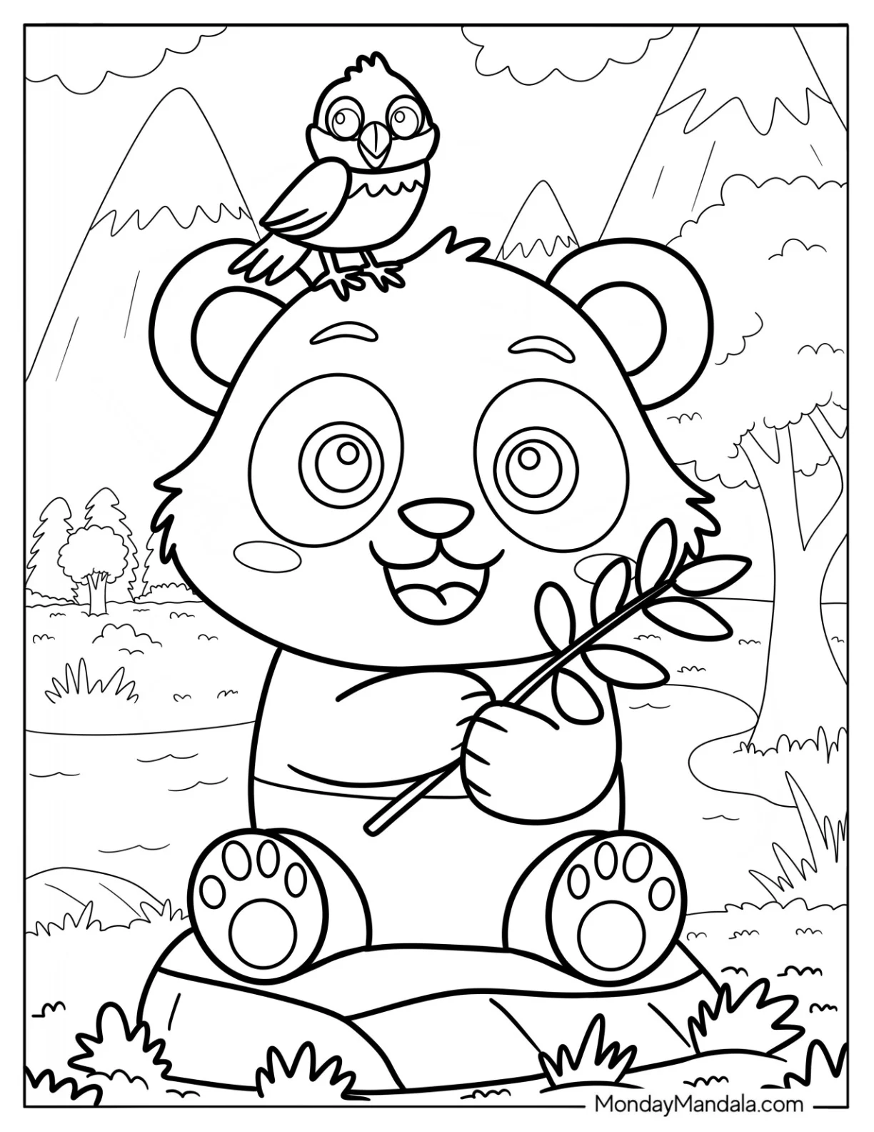 Tiny Bird Sitting On Baby Panda Coloring Page Head coloring page — printable line art