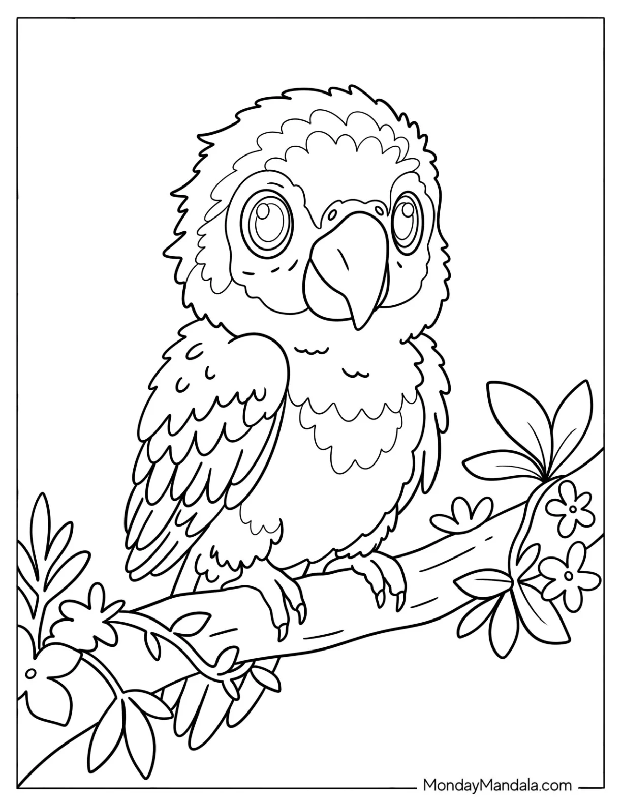 African Grey Parrot Standing on a Flowering Branch Coloring Sheet for Kids coloring page — printable line art
