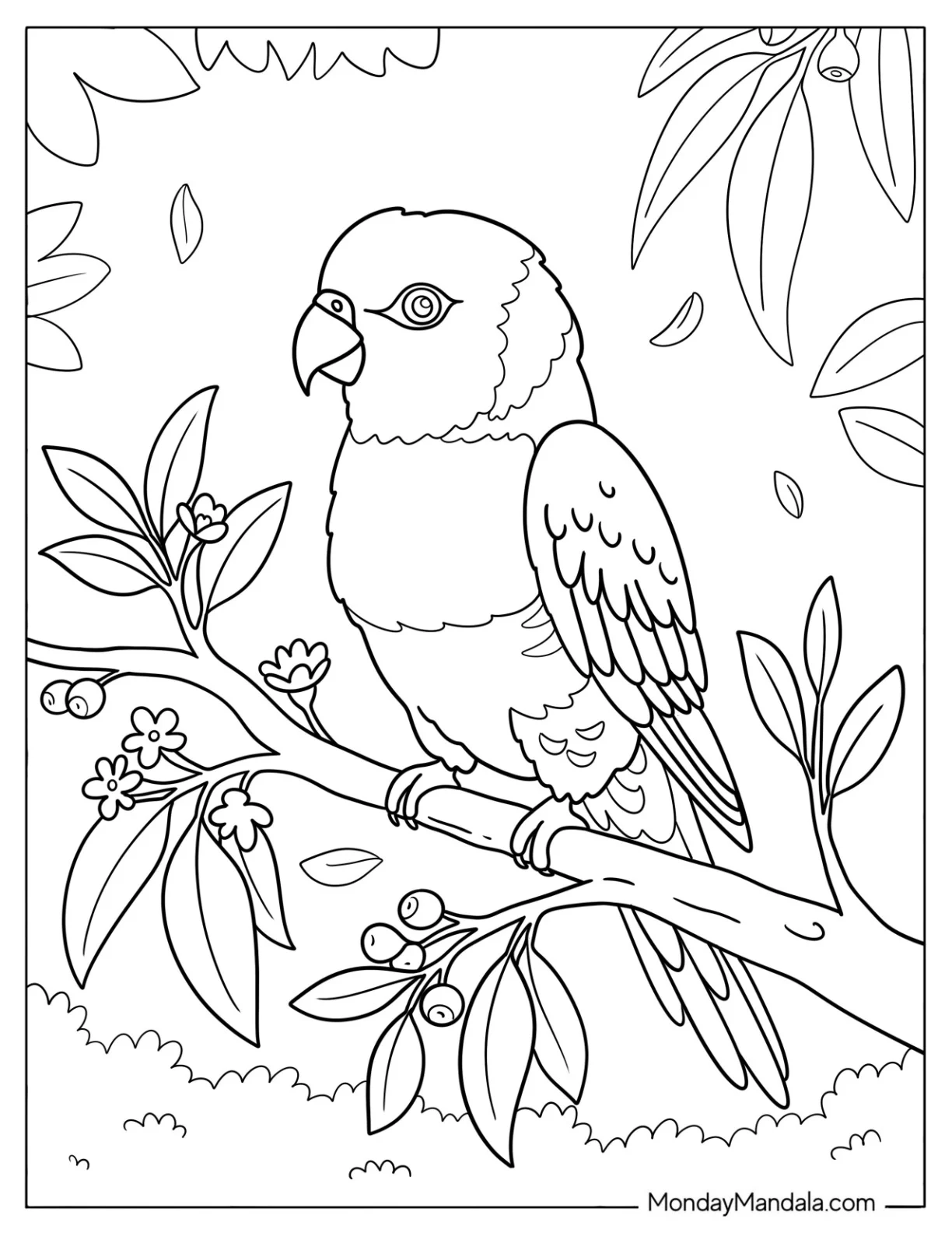 Amazon Parrot Standing on a Flowering Branch Coloring Sheet coloring page