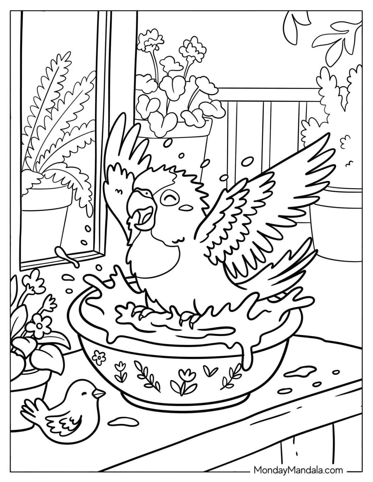 Cockatiel Splashing in a Bird Bath Coloring Sheet coloring page