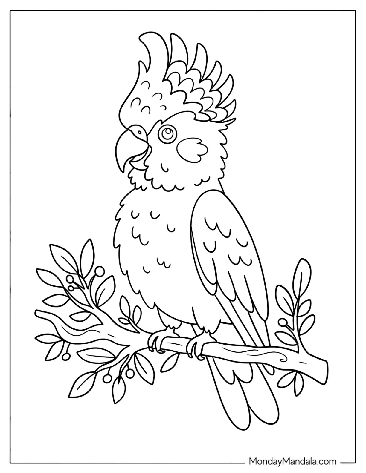 Crested Cockatoo Resting on a Branch Coloring Page for Kids coloring page — printable line art