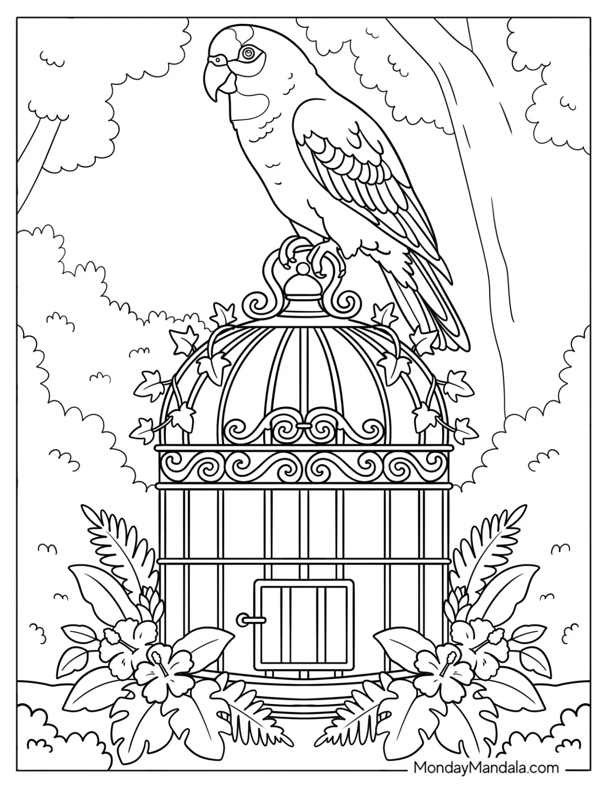 Detailed Macaw Parrot Perched on a Birdcage Coloring Page coloring page — printable line art
