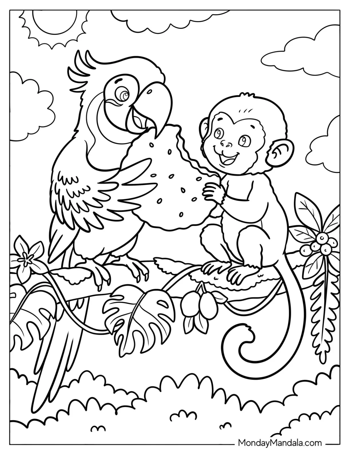 Friendly Macaw Parrot Sharing a Cookie with a Monkey Coloring Page coloring page