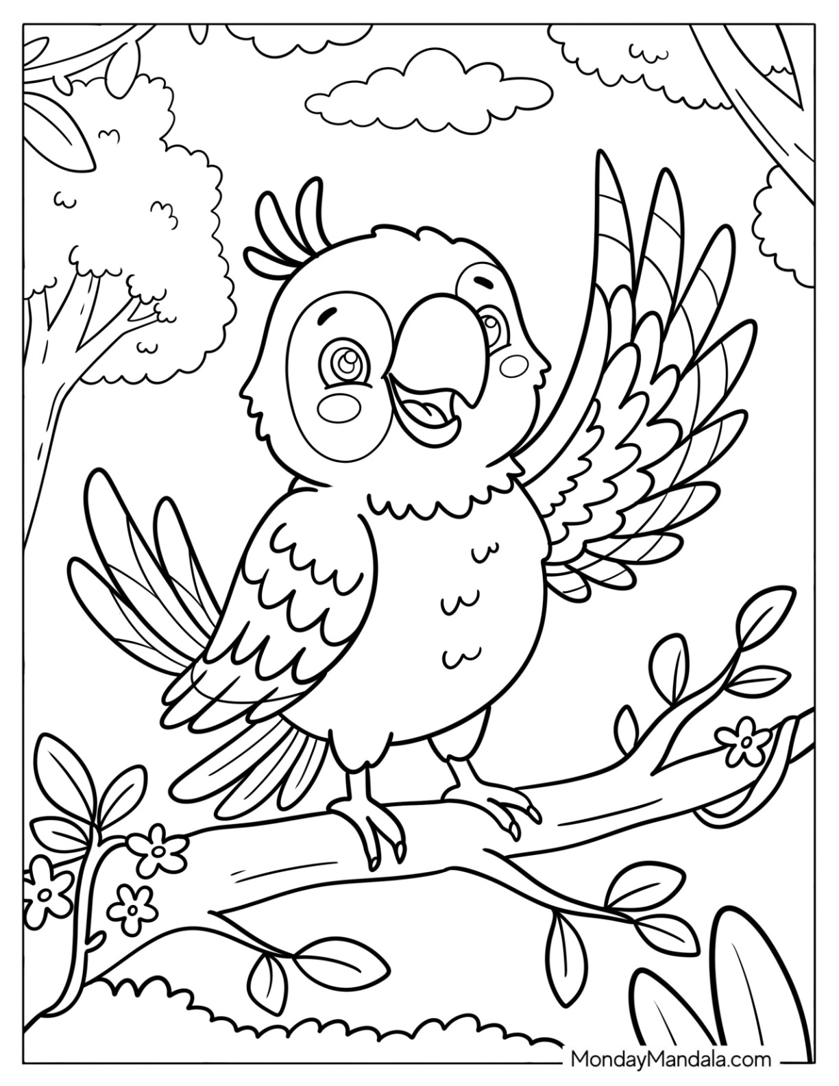 Friendly Macaw Parrot Waving from a Branch Coloring Page coloring page — printable line art