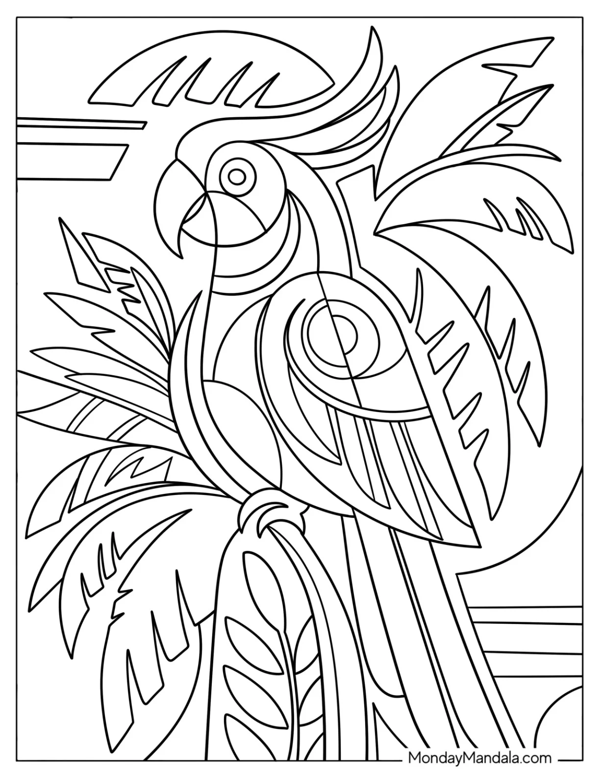 Geometric Macaw Parrot in Tropical Leaves Coloring Page coloring page — printable line art