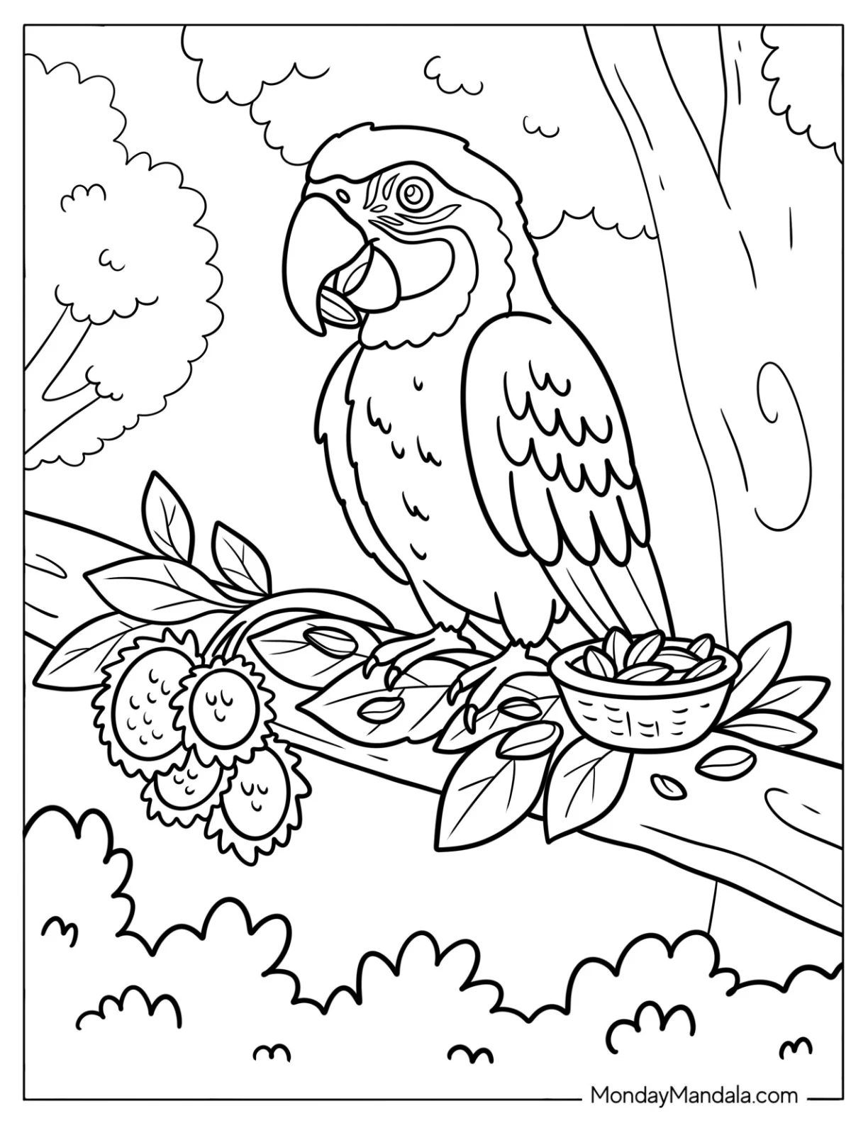 Hungry Parrot Eating Fruit on a Tree Branch Coloring Page coloring page