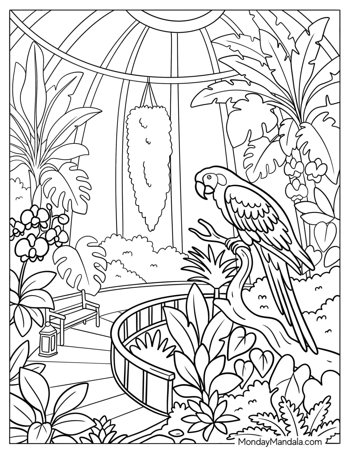 Macaw Parrot in a Tropical Aviary coloring page