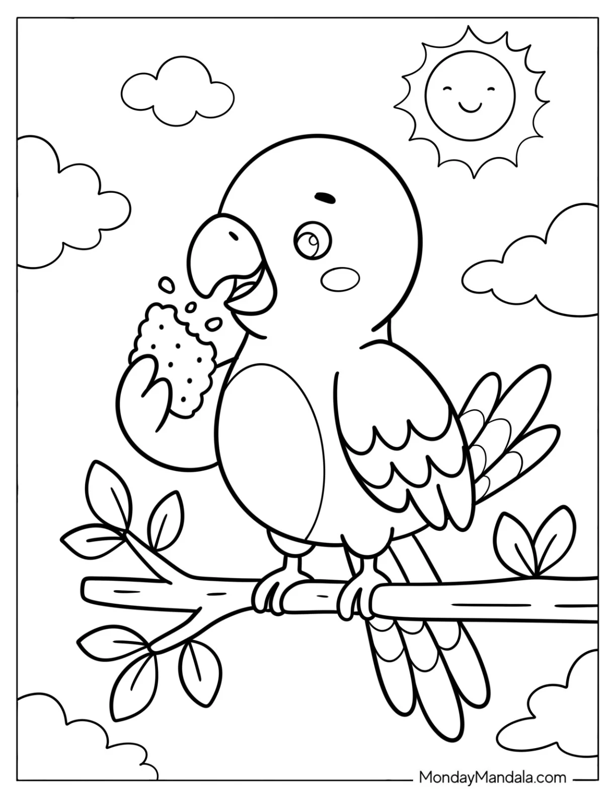 Parakeet Eating Corn on a Branch Coloring Page for Kids coloring page