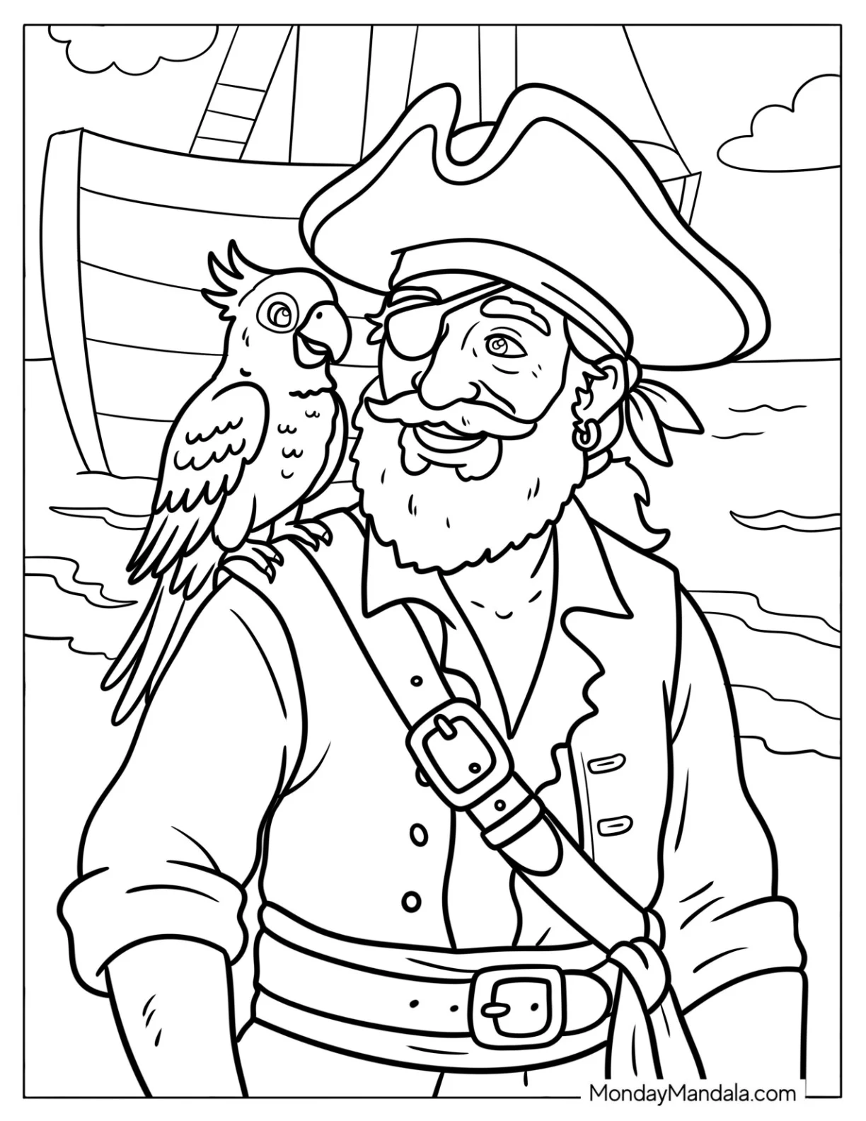 Pirate with a Macaw Parrot on His Shoulder Coloring Page coloring page