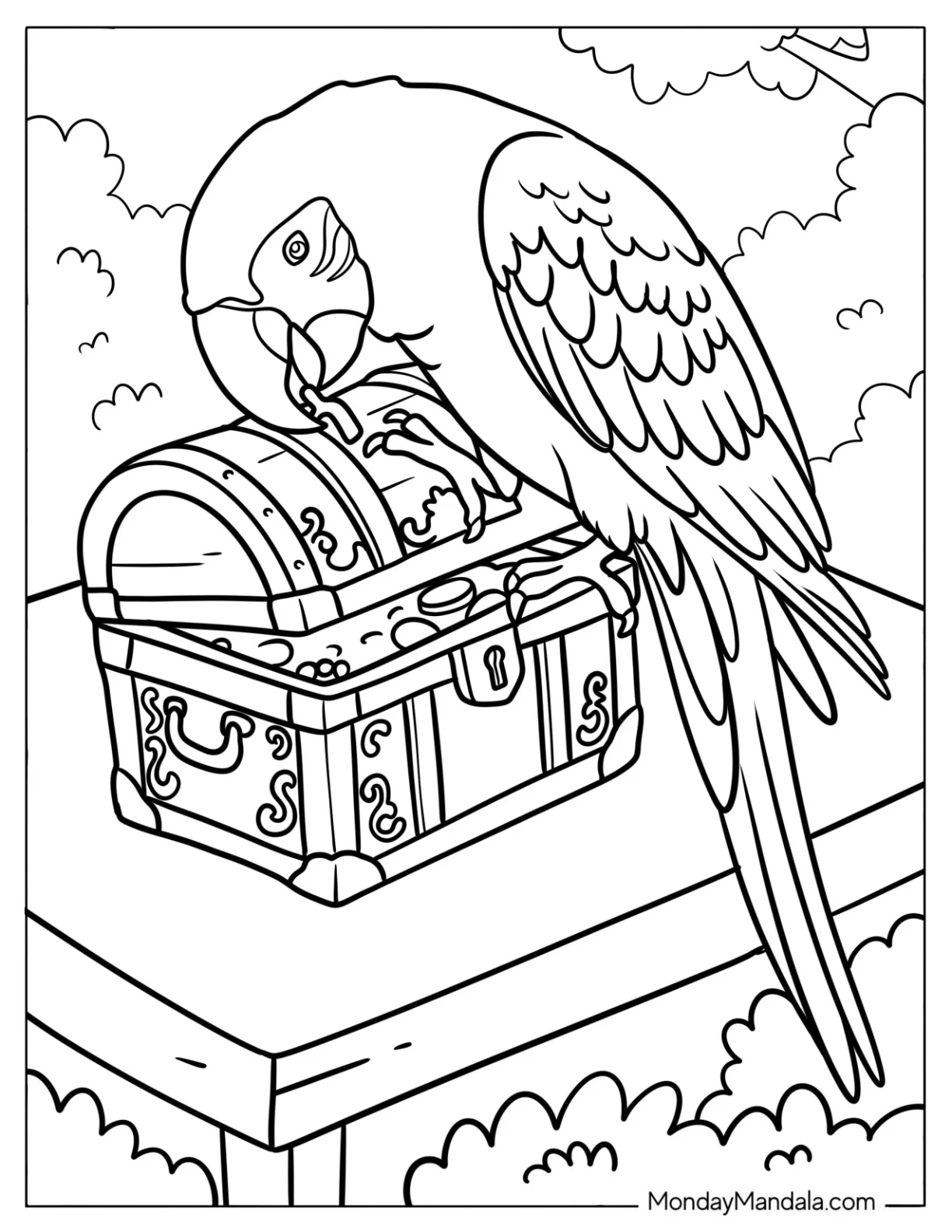 Realistic Macaw Parrot Finding a Treasure Chest Coloring Page coloring page
