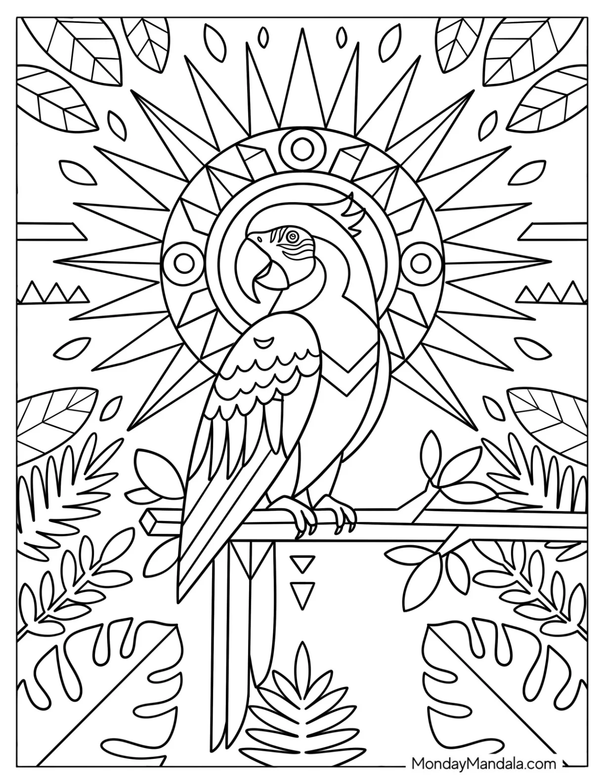 Regal Parrot with Geometric Sun in the Jungle coloring page