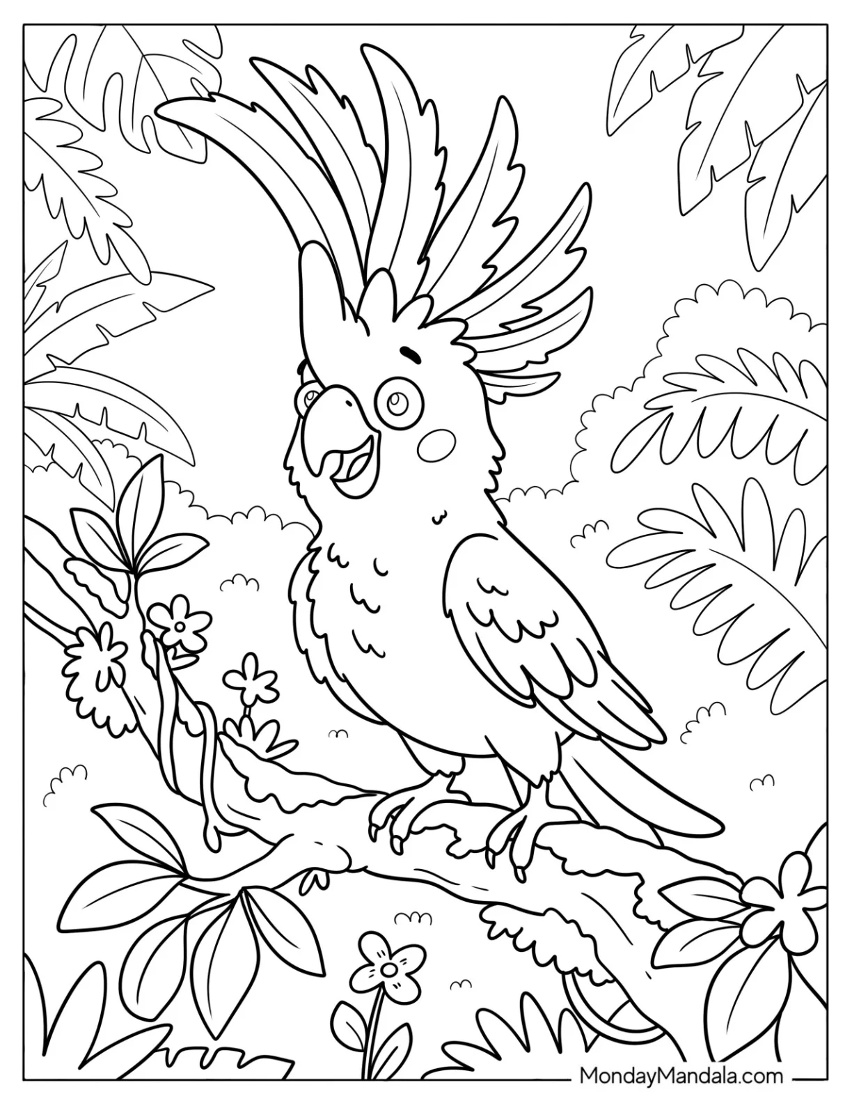 Sulphur Crested Cockatoo Standing in Tropical Leaves coloring page