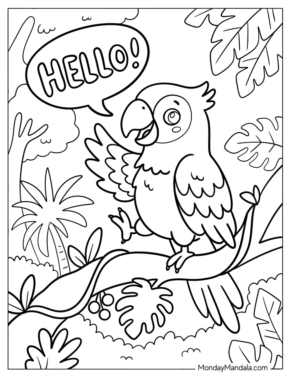 Talking Macaw Parrot Saying Hello in the Jungle Coloring Page coloring page