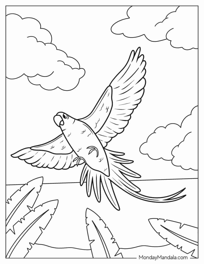 Tropical Parrot Flying In Jungle coloring page — printable line art