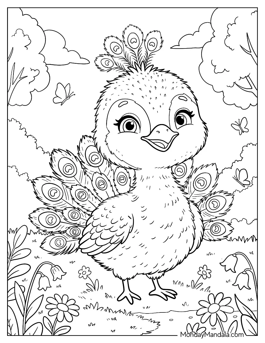 Baby Peacock Spreading Tail Feathers in a Garden Coloring Page coloring page