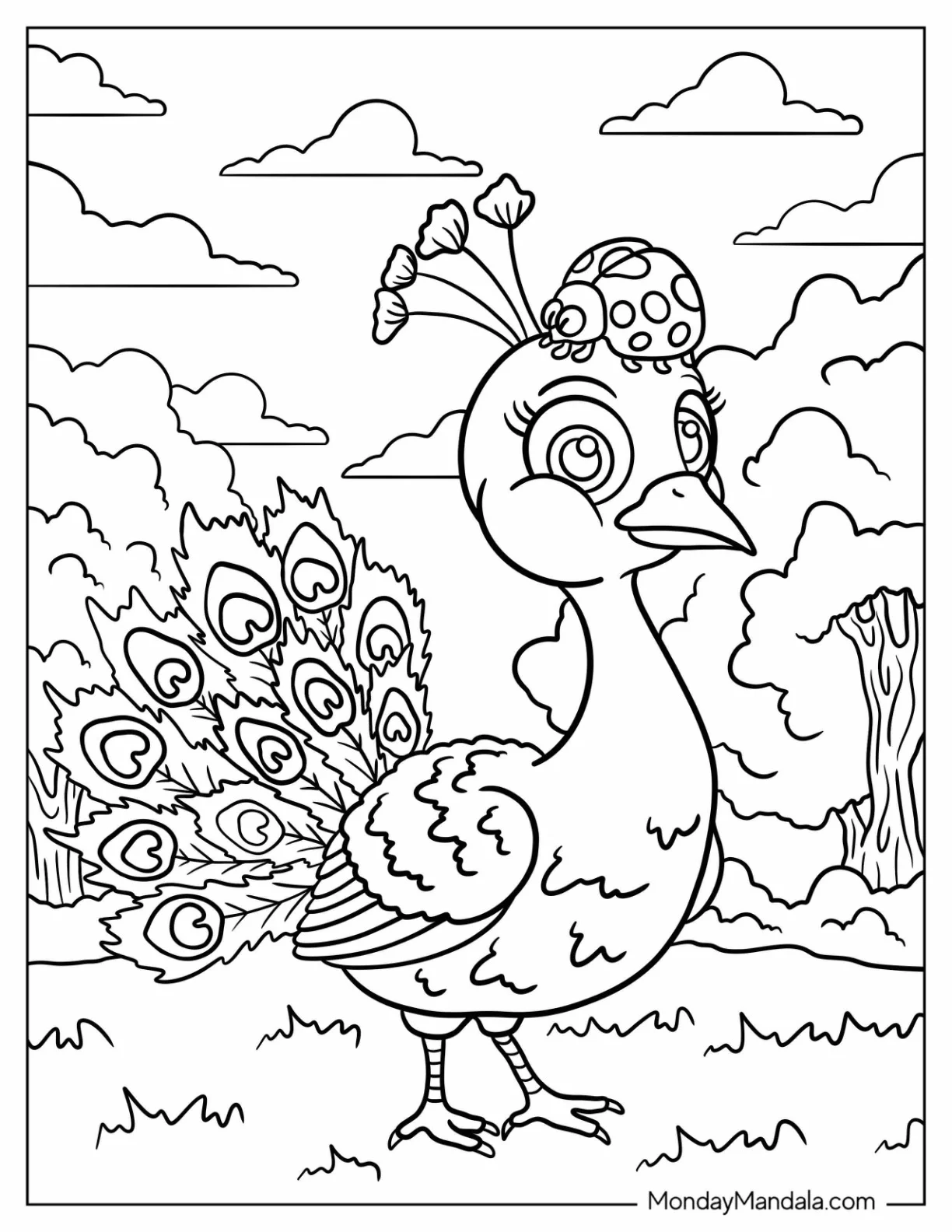 Cartoon Ladybug Sitting On Peacock Coloring Page with Flower Hat and Heart Shaped Tail Feathers coloring page — printable line art
