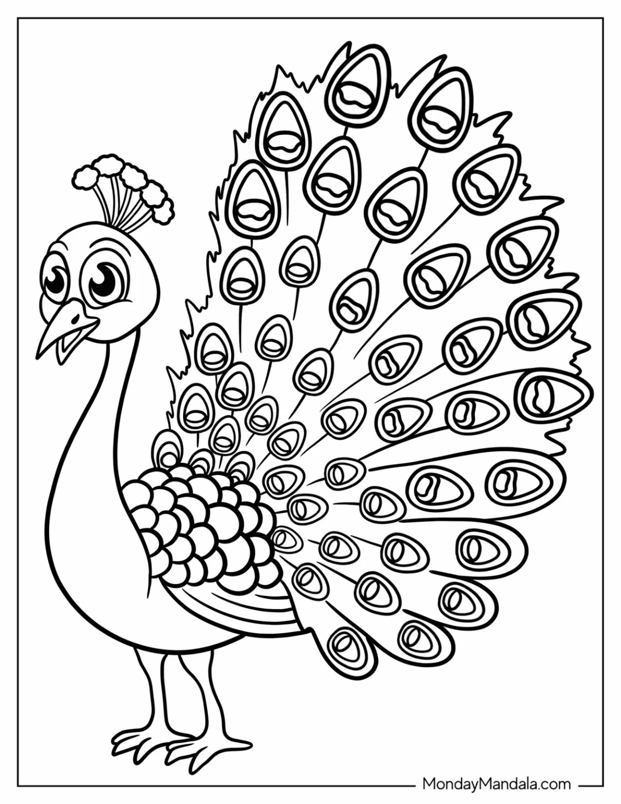 Cartoon Peacock Coloring Page Showing Off Fancy Tail Feathers For Kids coloring page — printable line art