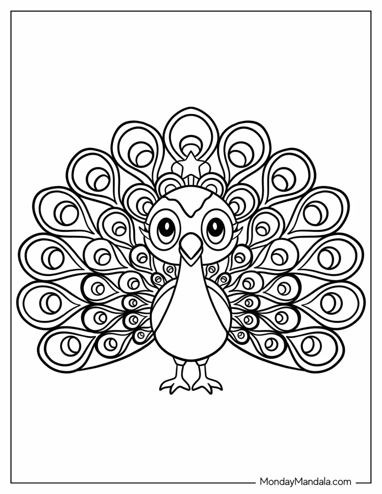 Cute Peacock Coloring Page with Fanned Feathers For Kids coloring page — printable line art