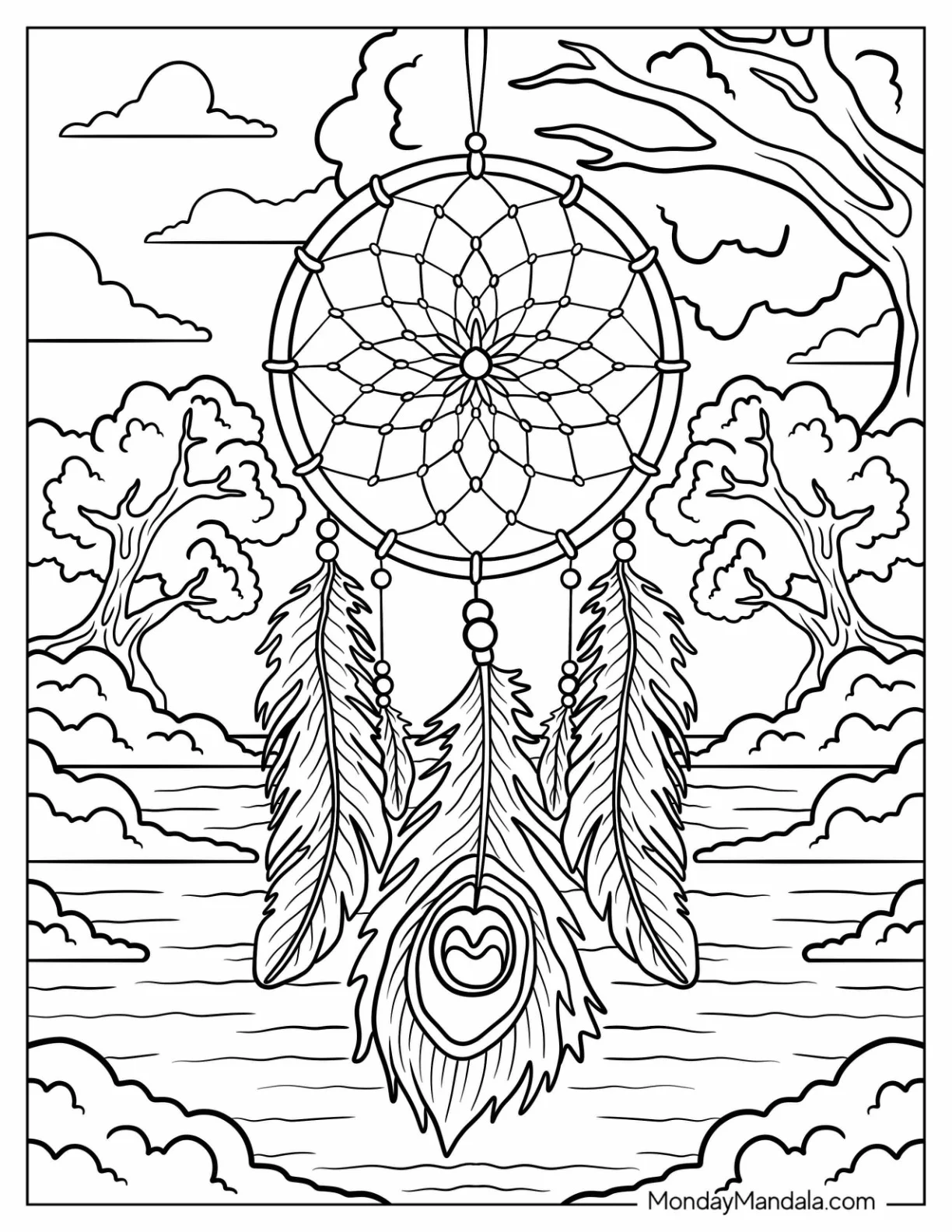 Dreamcatcher With Peacock Coloring Page Feathers Over River Landscape coloring page