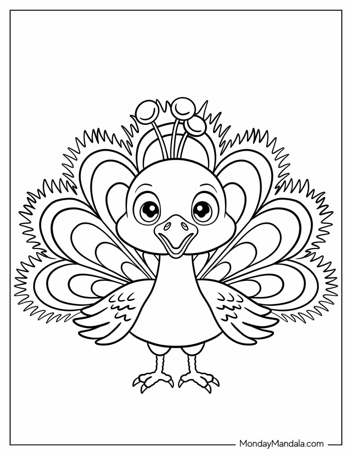 Easy Cartoon Peacock Coloring Page with Big Eyes and Simple Feathers For Kids coloring page — printable line art
