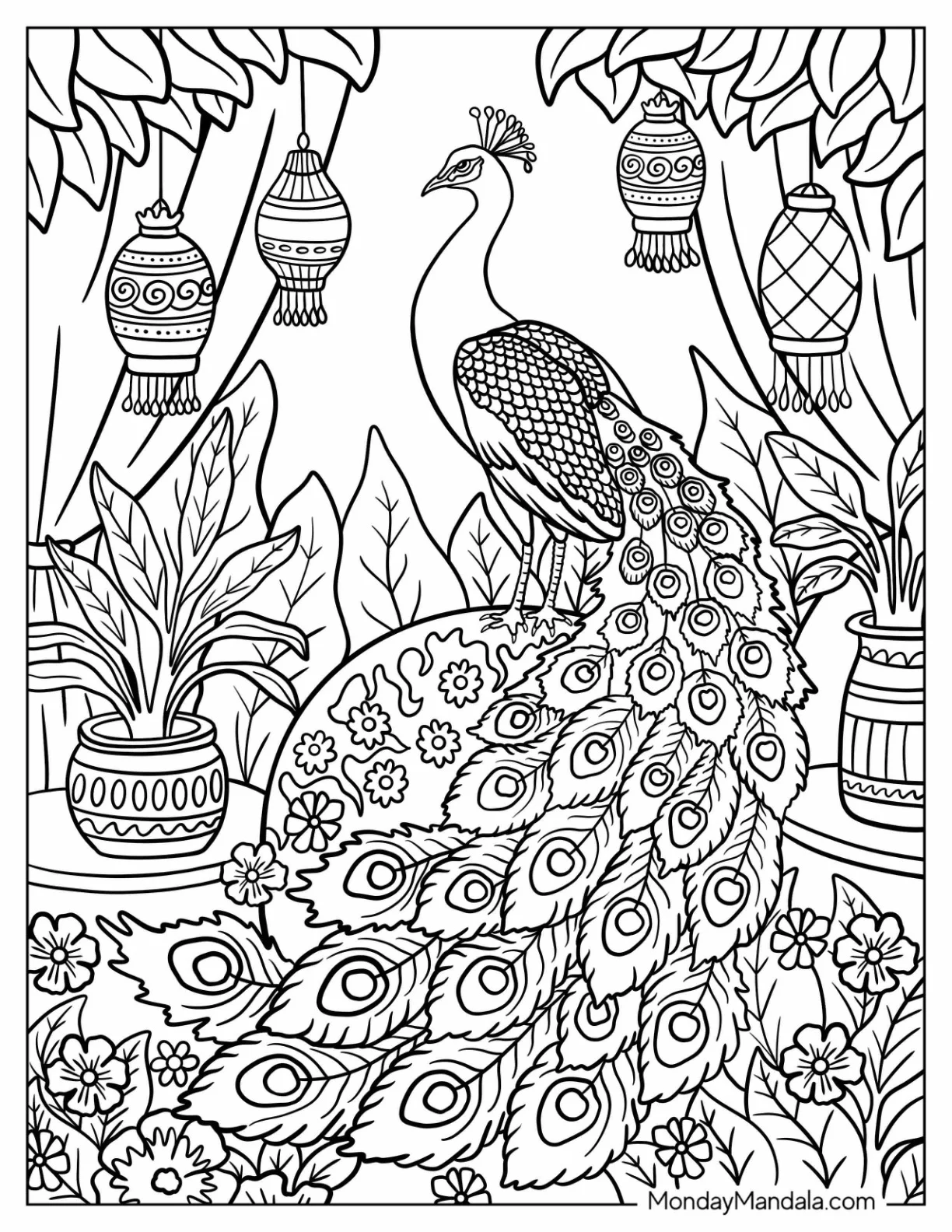 Elegant Peacock Coloring Page Among Hanging Lanterns And Potted Plants coloring page — printable line art