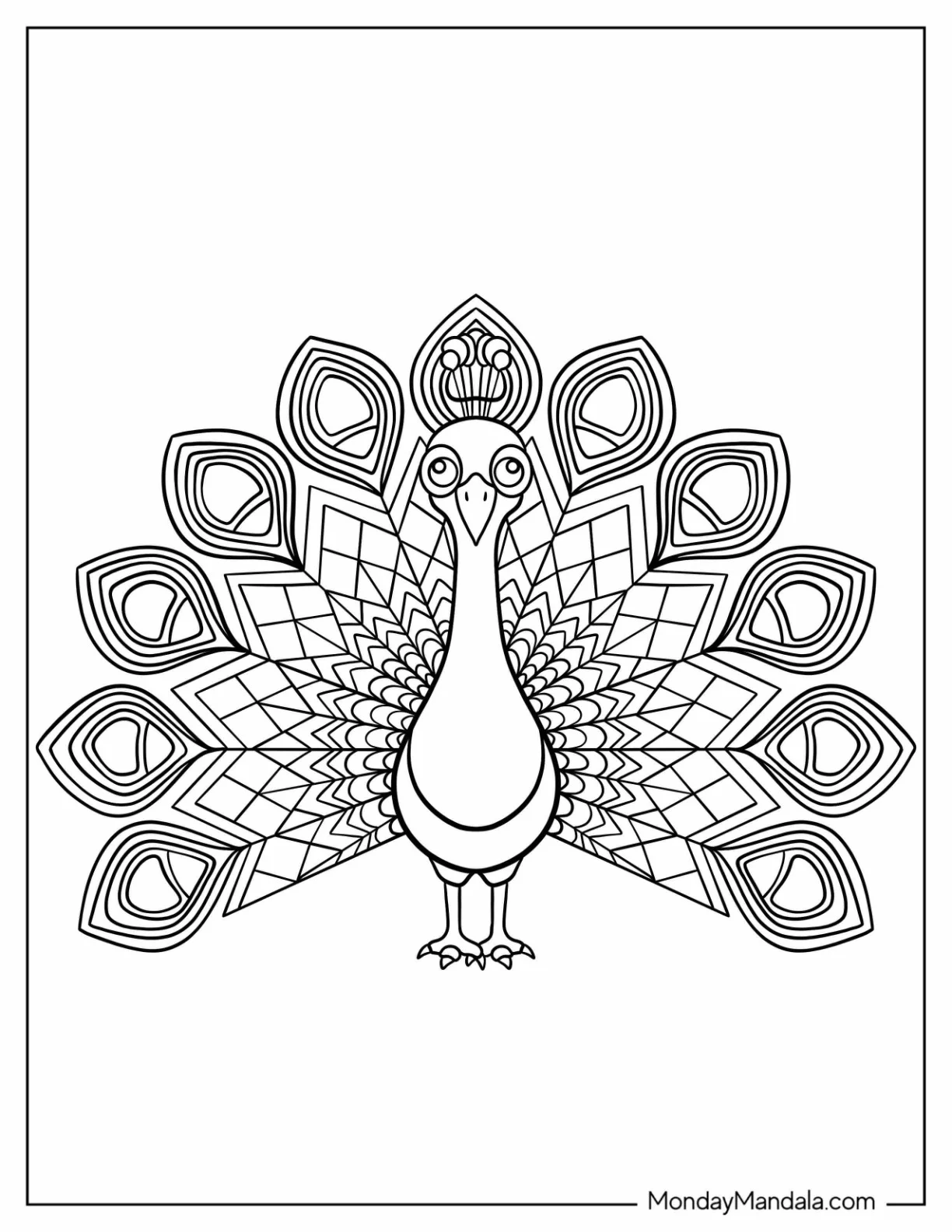 Geometric Peacock Coloring Page With Patterned Tail For Kids coloring page — printable line art