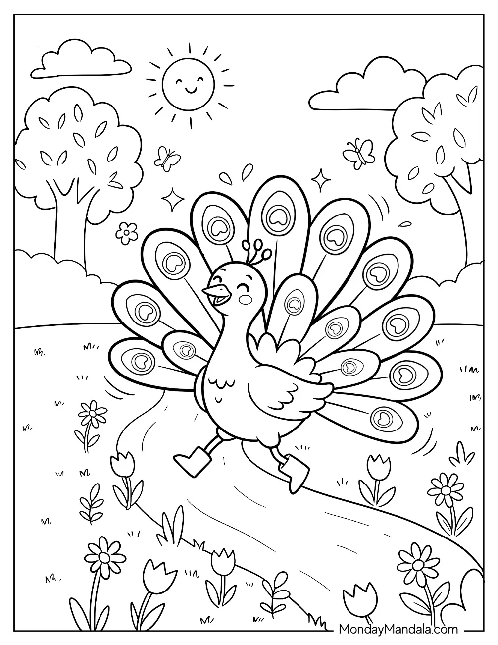 Happy Peacock Dancing in a Sunny Garden Coloring Sheet for Kids coloring page — printable line art