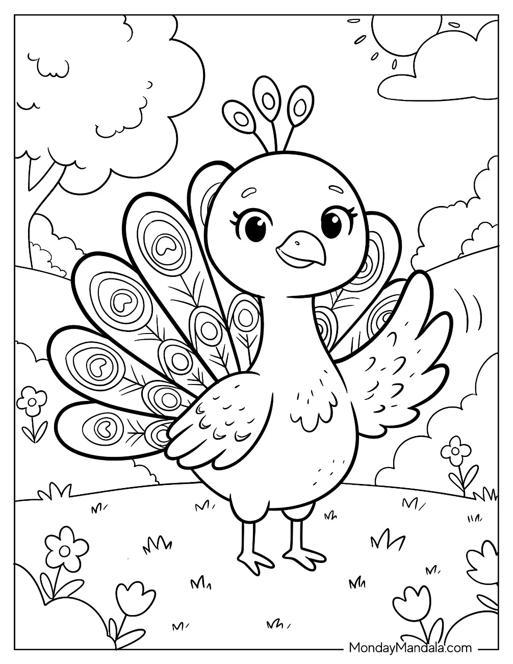 Little Peacock Waving in a Meadow Coloring Page for Kids coloring page