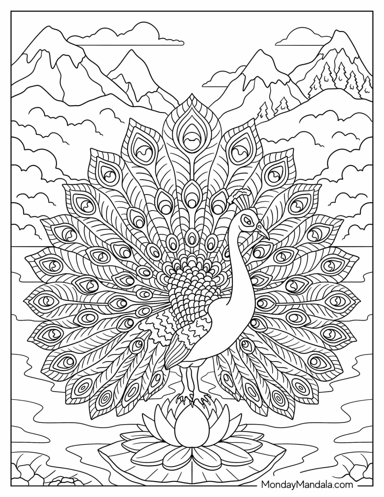 Mandala Peacock Coloring Page Standing on Lotus in Mountain Landscape coloring page