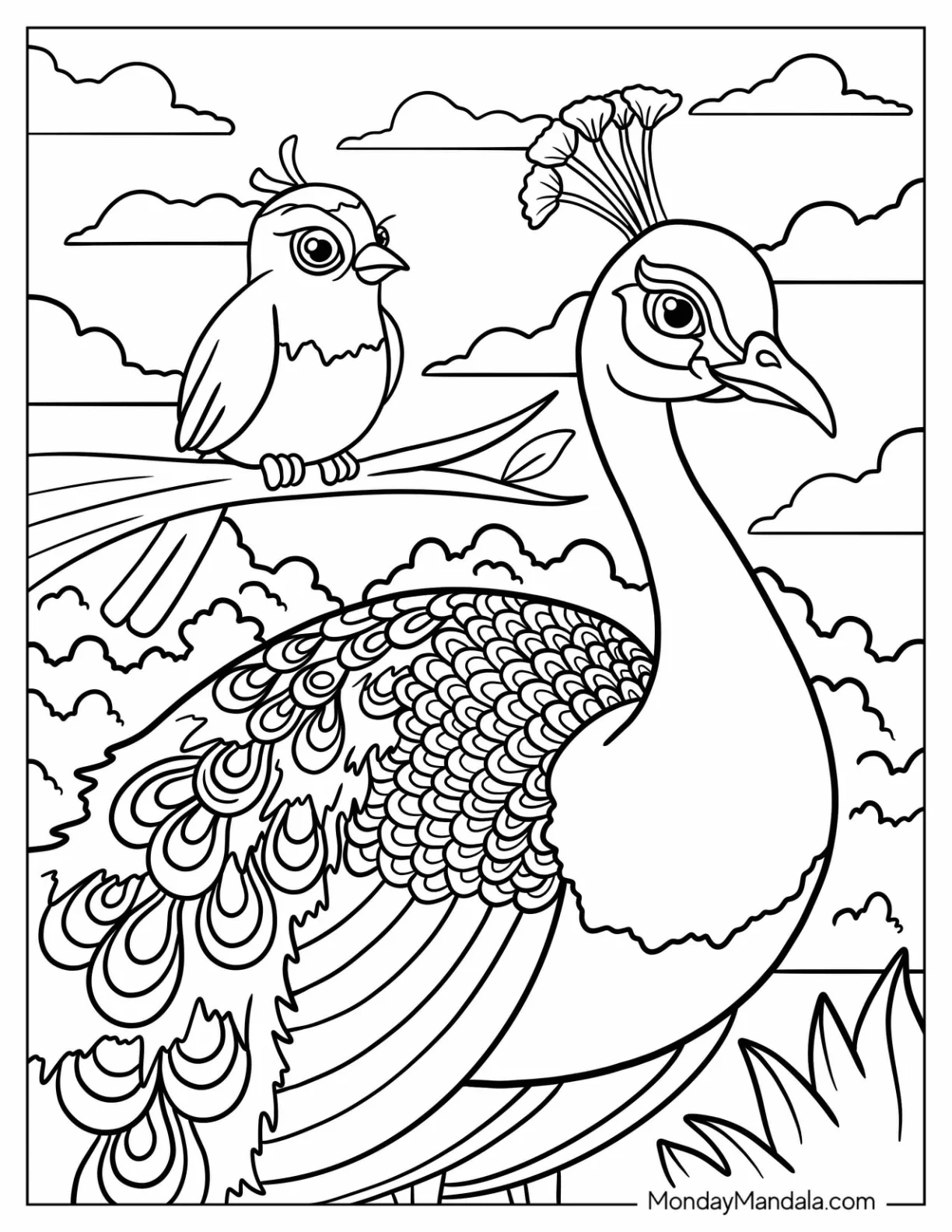 Peacock Coloring Page and Bird Under Cloudy Sky For Kids coloring page